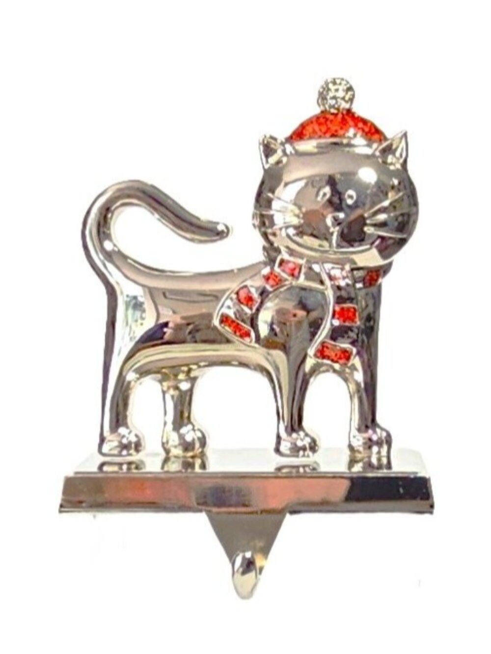 Silver Cat Christmas Stocking Holder Hanger with Red Hat & Scarf Rhinestones